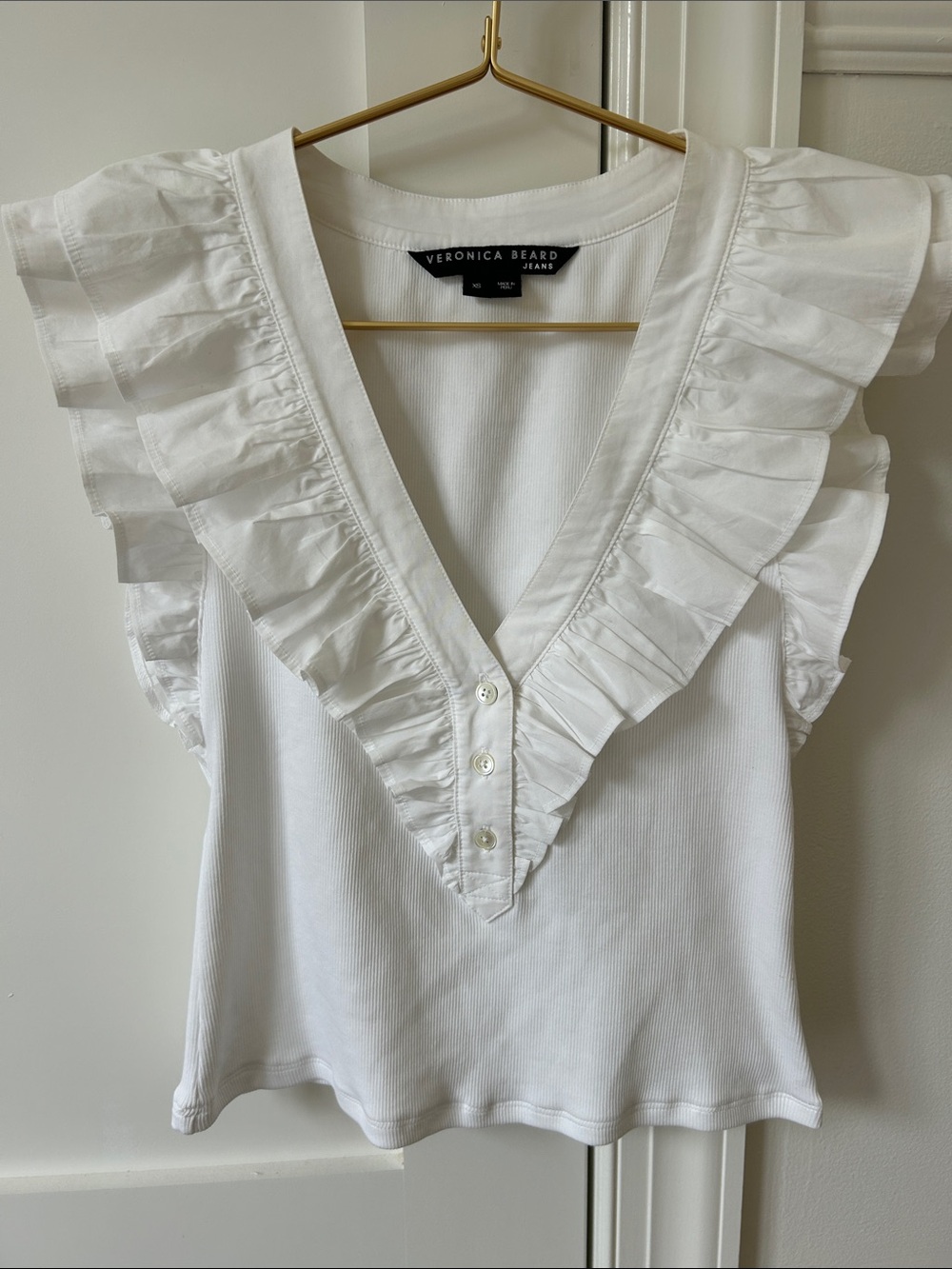 Veronica Beard White Ruffle V-Neck Sleeveless Camisole